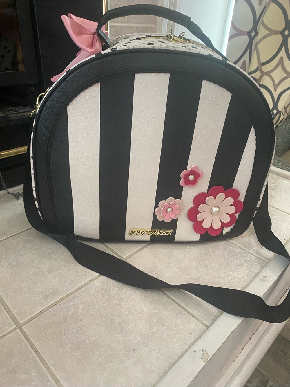 Betsey Johnson Black & White Stripe Dome Travel Bag with Pink Floral Accents